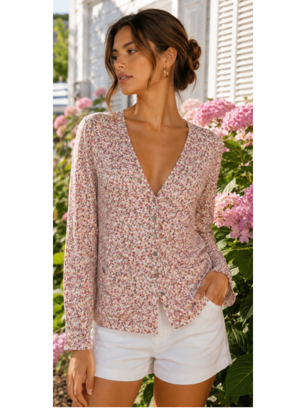 Velvet Floral Cardigan Sweater Size S White Pink